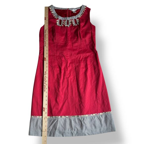 Richard Malcolm Red Cotton Dress Size 8 Embellished Floral Stripe Hem Mod Preppy - Picture 4 of 9